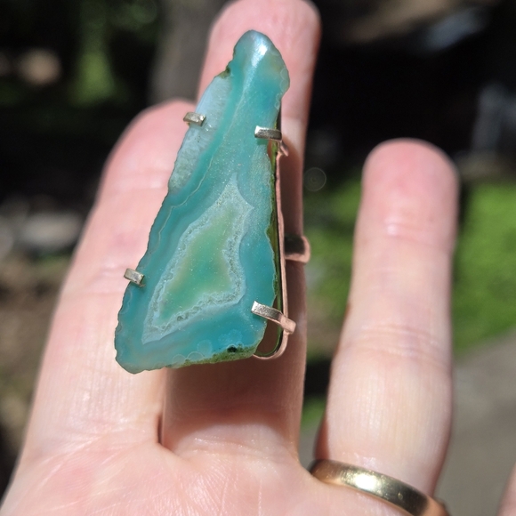 Sterling green agate crystal slice ring sz6.5 - Picture 3 of 10
